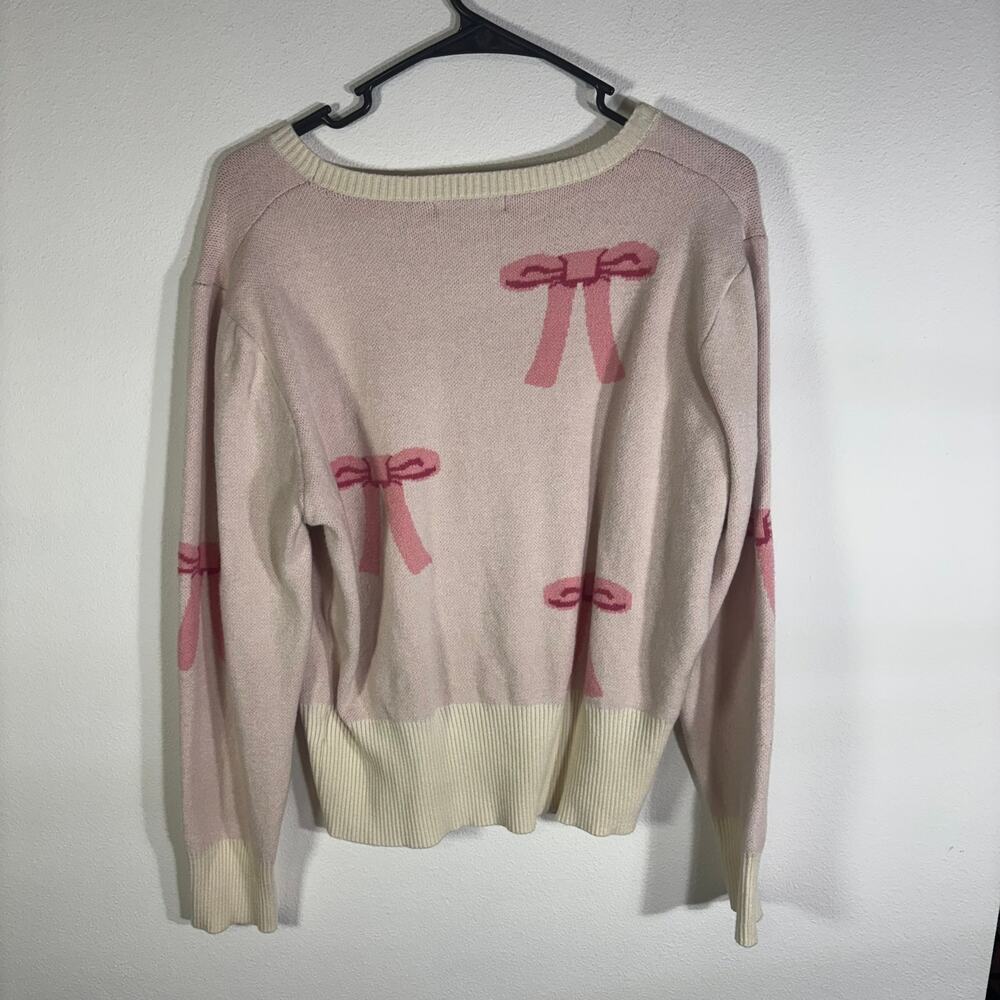 Miss Sparkling Womens Pink Bow Cardigan Sweater Cream Coquette Button Front - Picture 3 of 6